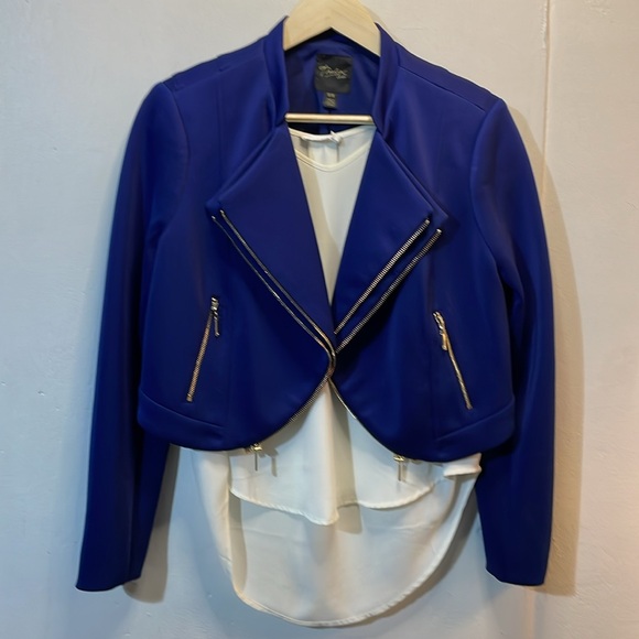 Thalia Sodi Royal Blue Double Breated Cropped Jacket Gold Zippers -M-#0089 - Picture 2 of 12